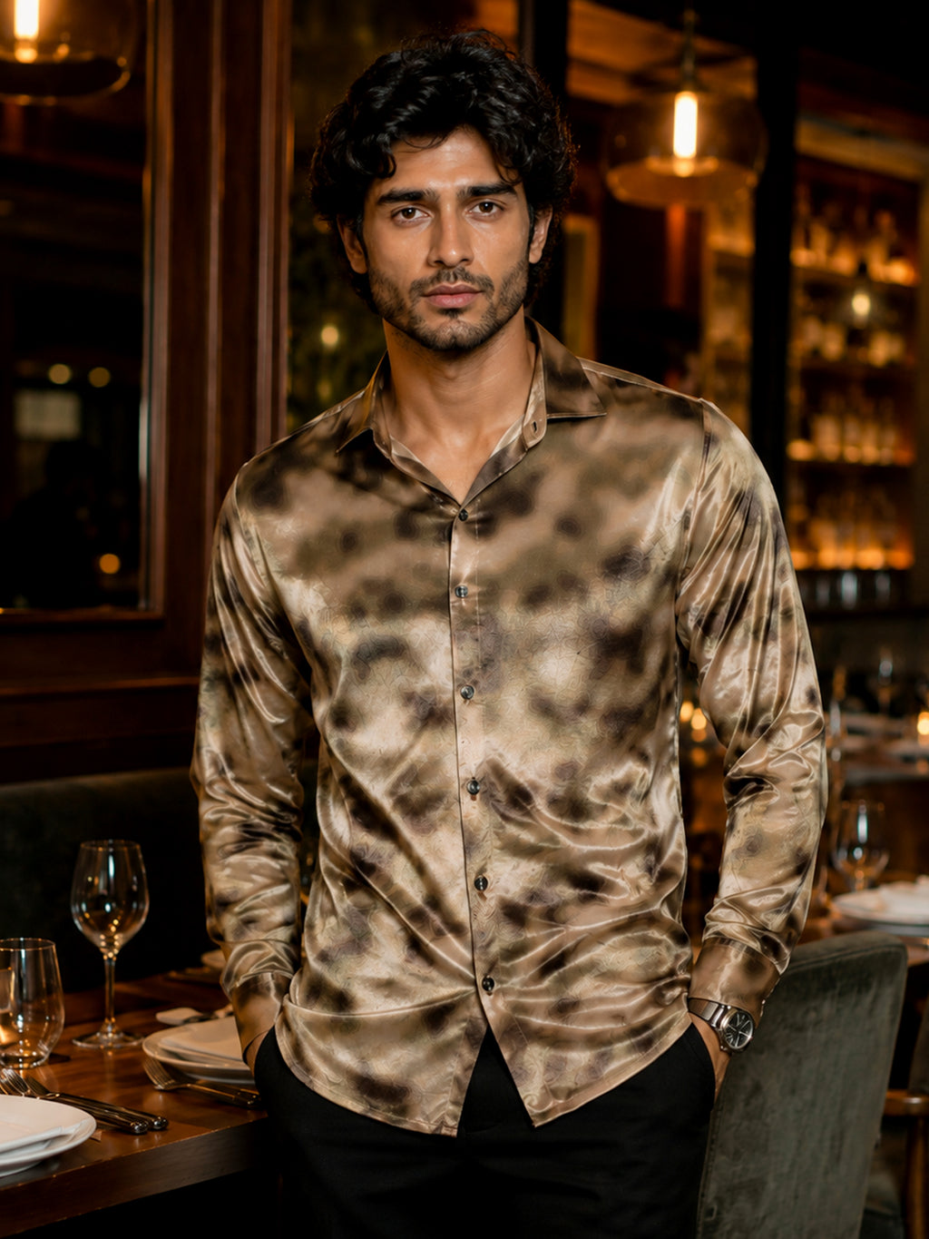 CAHOOT Men's Gold Brown Printed Velvet Shirt - view 2
