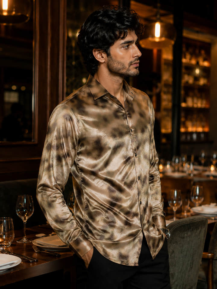 CAHOOT Men's Gold Brown Printed Velvet Shirt - view 3