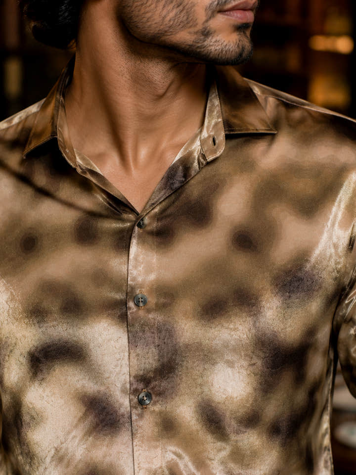 CAHOOT Men's Gold Brown Printed Velvet Shirt - view 6