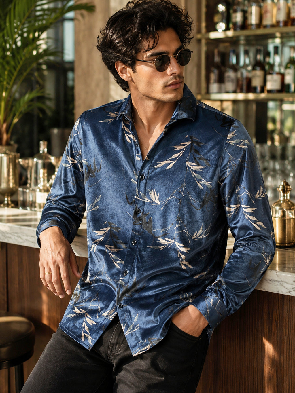 CAHOOT Men's Navy Floral Printed Velvet Regular Fit Shirt - view 1