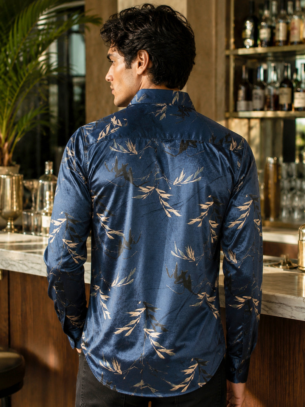 CAHOOT Men's Navy Floral Printed Velvet Regular Fit Shirt - view 3