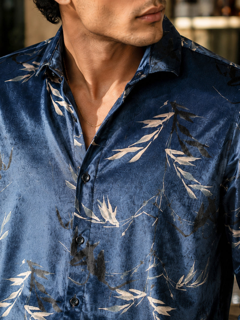 CAHOOT Men's Navy Floral Printed Velvet Regular Fit Shirt - view 5