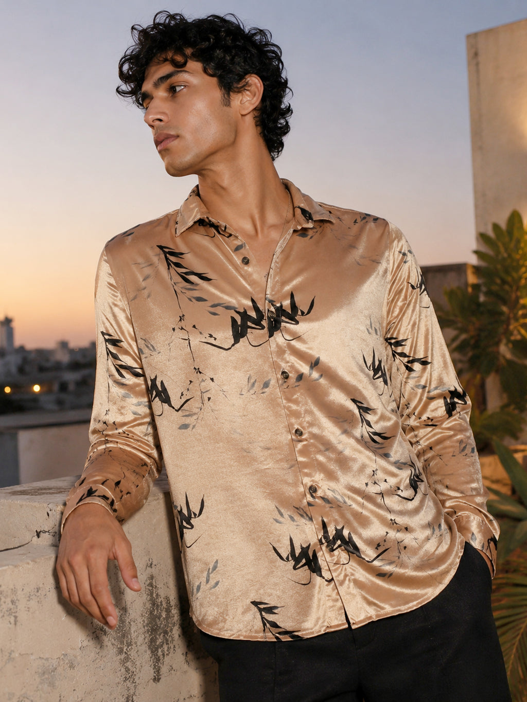 CAHOOT Men's Champagne Floral Printed Velvet Regular Fit Shirt - view 1