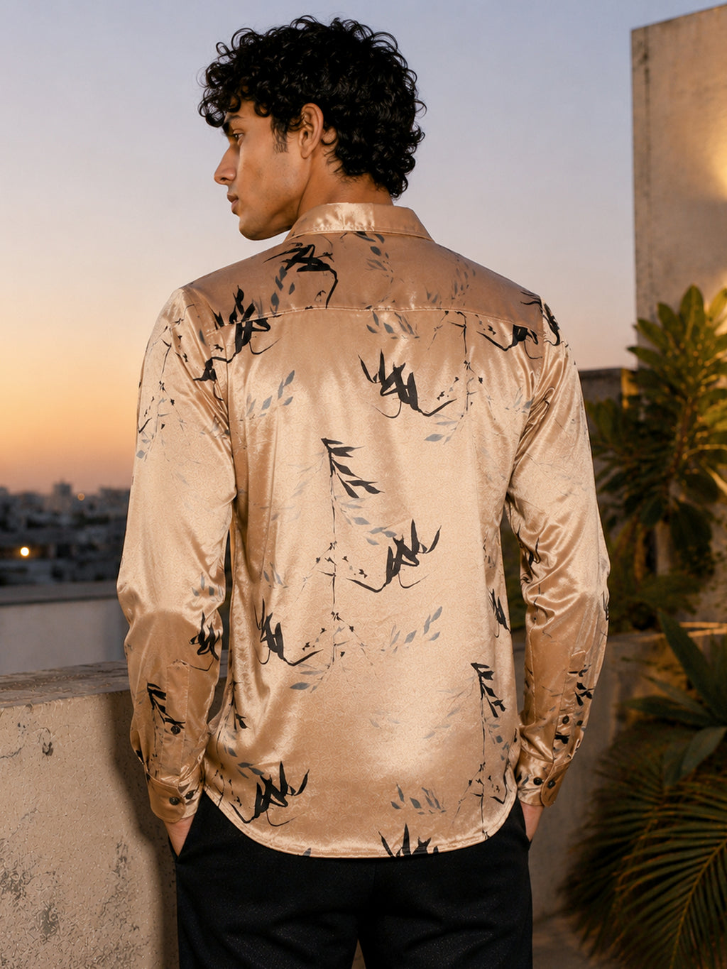 CAHOOT Men's Champagne Floral Printed Velvet Regular Fit Shirt - view 3