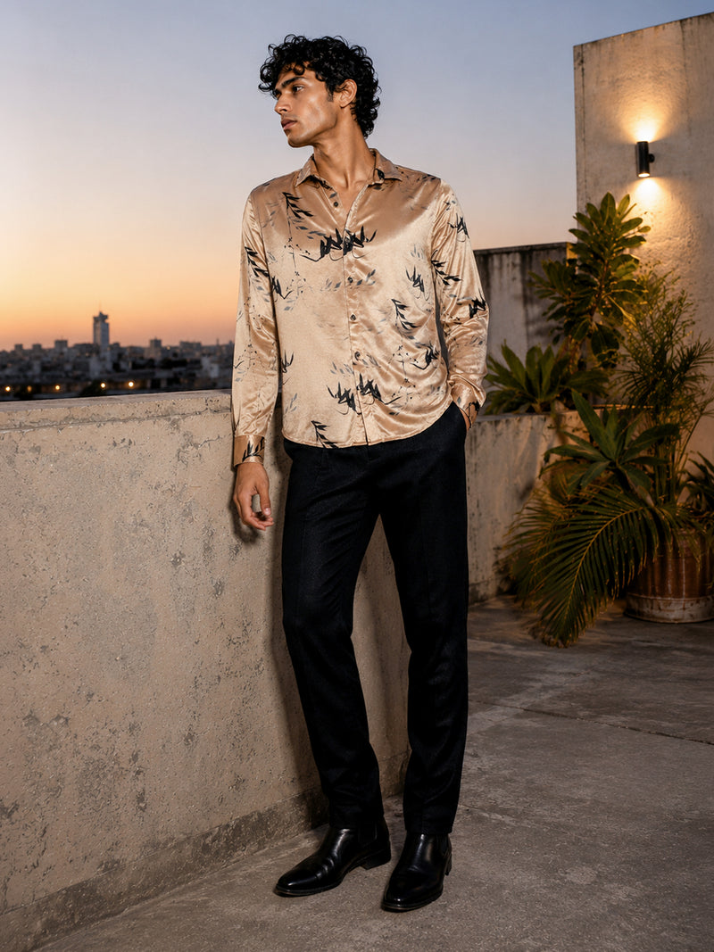 CAHOOT Men's Champagne Floral Printed Velvet Regular Fit Shirt - view 4
