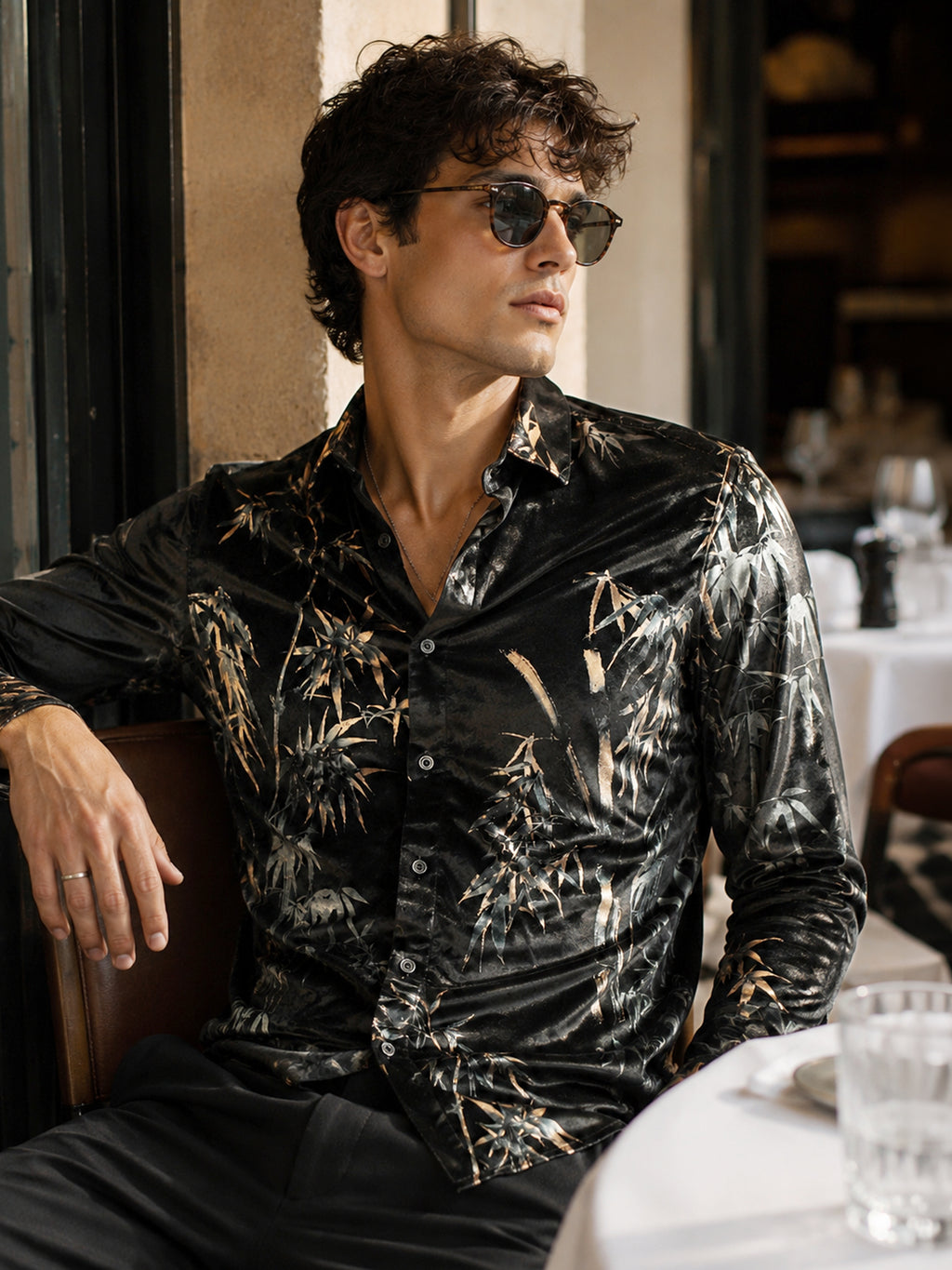 CAHOOT Men's Black Floral Printed Velvet Regular Fit Shirt - view 1