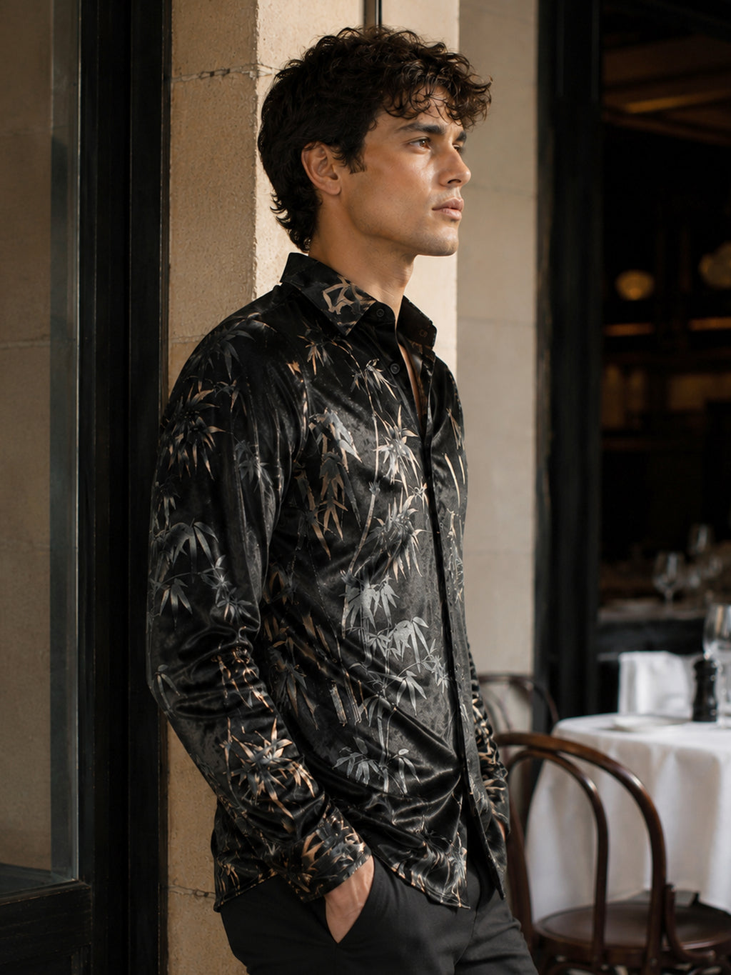 CAHOOT Men's Black Floral Printed Velvet Regular Fit Shirt - view 2