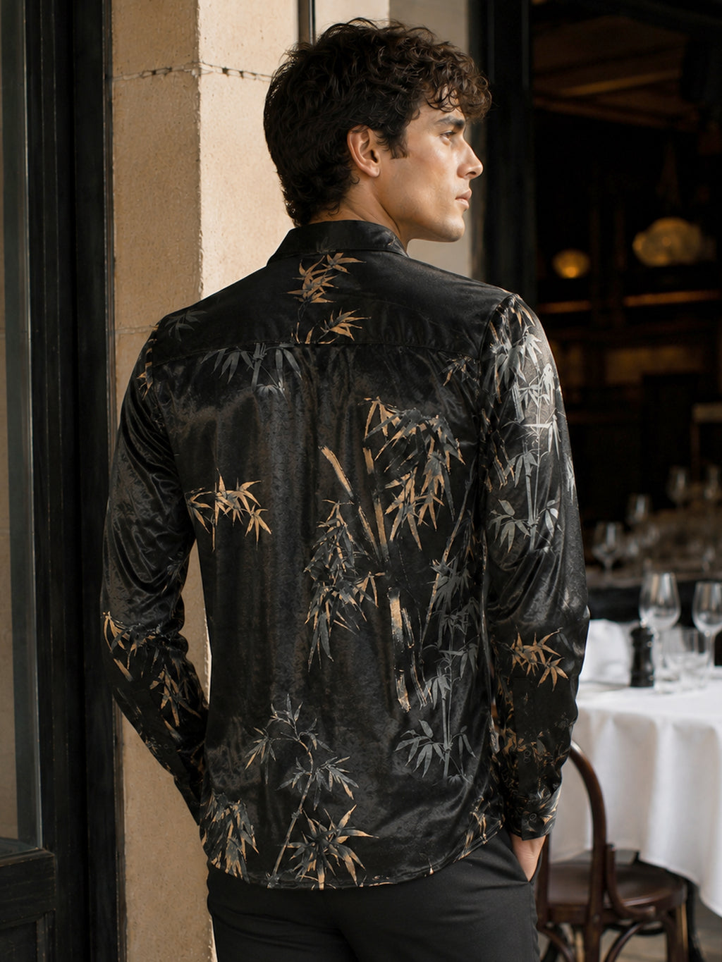 CAHOOT Men's Black Floral Printed Velvet Regular Fit Shirt - view 3