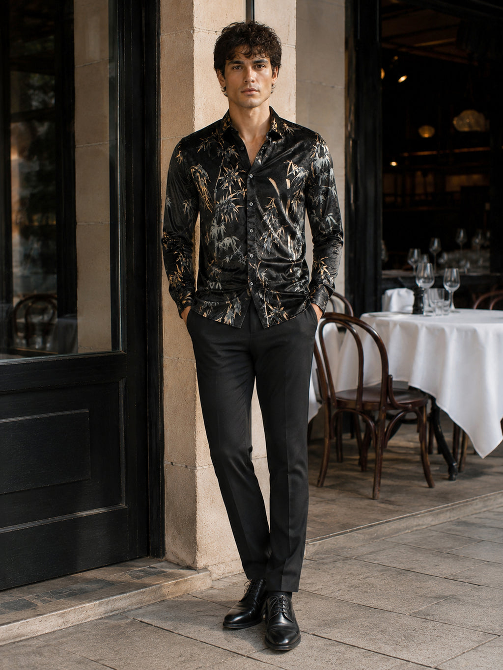 CAHOOT Men's Black Floral Printed Velvet Regular Fit Shirt - view 4