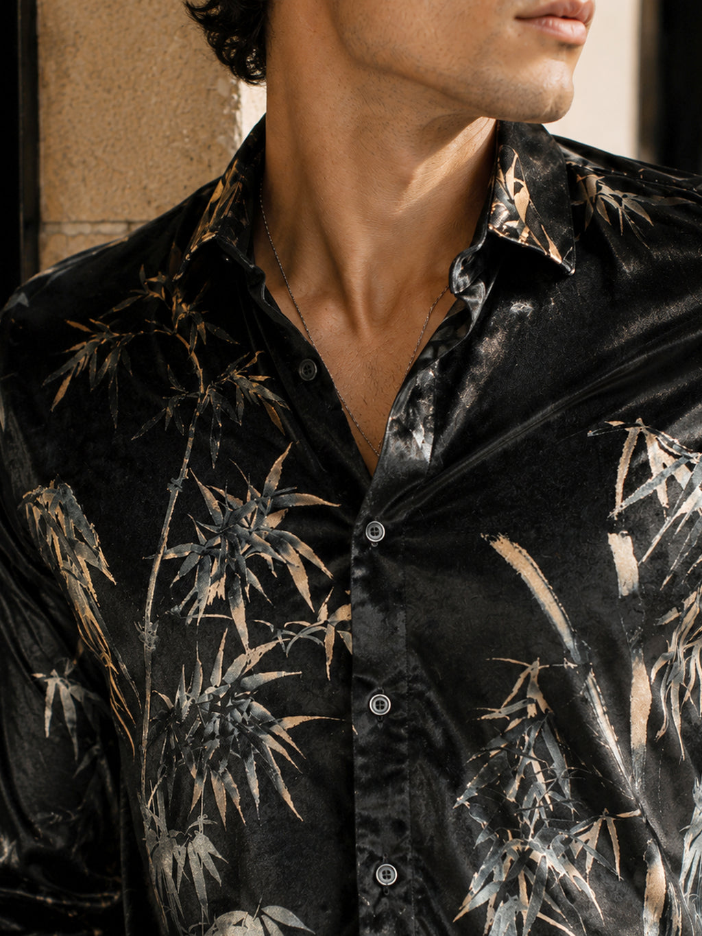 CAHOOT Men's Black Floral Printed Velvet Regular Fit Shirt - view 5