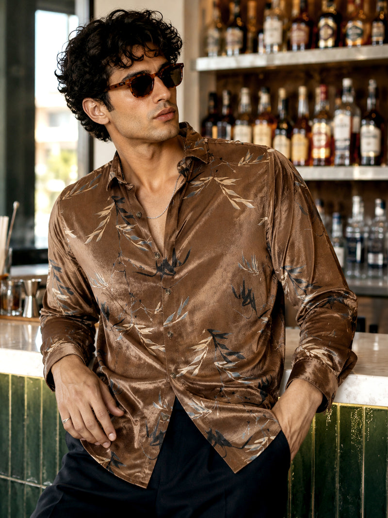 CAHOOT Men's Brown Floral Printed Velvet Regular Fit Shirt - view 1