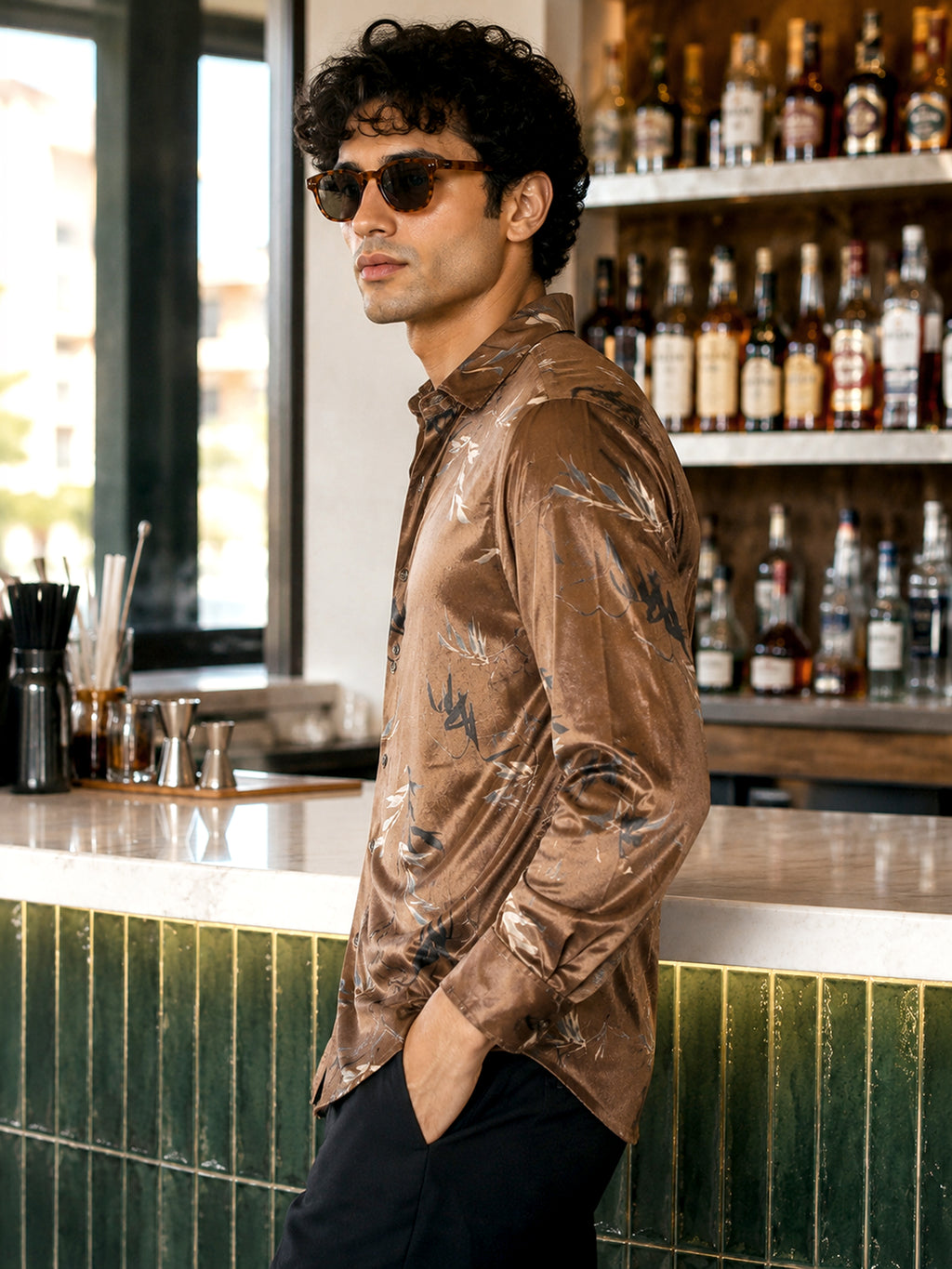 CAHOOT Men's Brown Floral Printed Velvet Regular Fit Shirt - view 2