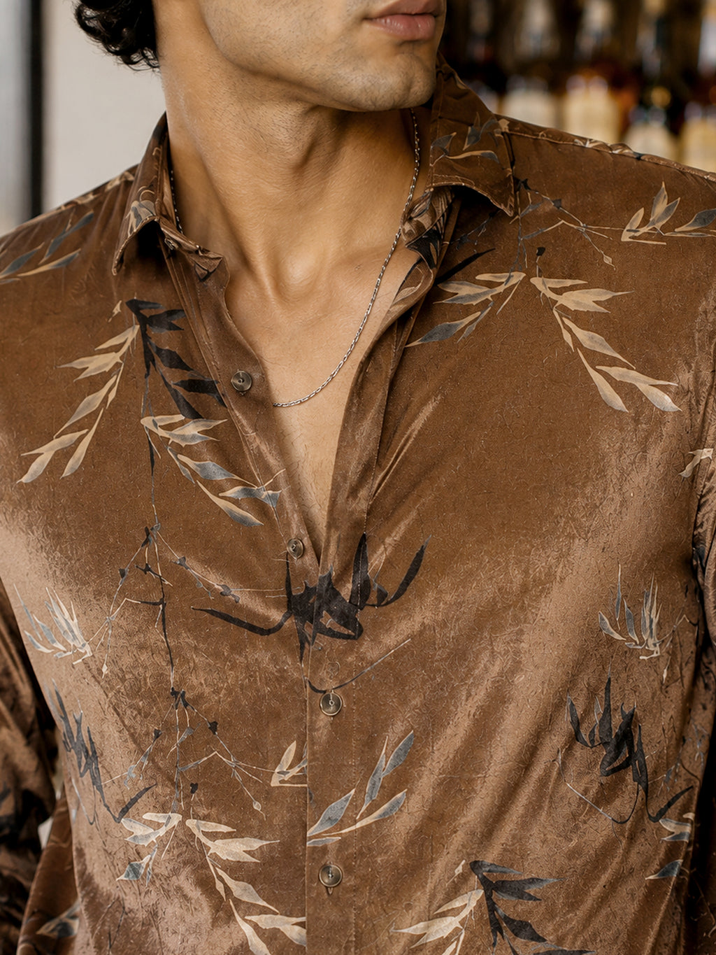CAHOOT Men's Brown Floral Printed Velvet Regular Fit Shirt - view 5