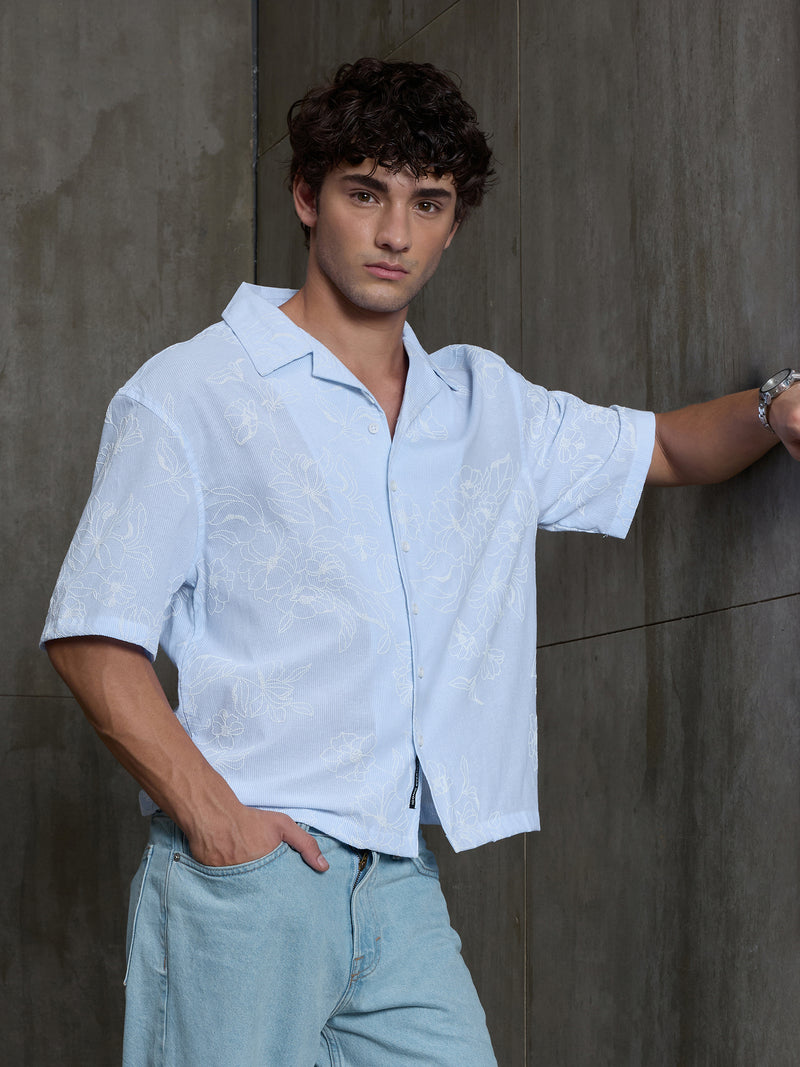 Cahoot Men's Light Blue Boxy Crop Fit Shirt With Embossed Floral Print - view 1
