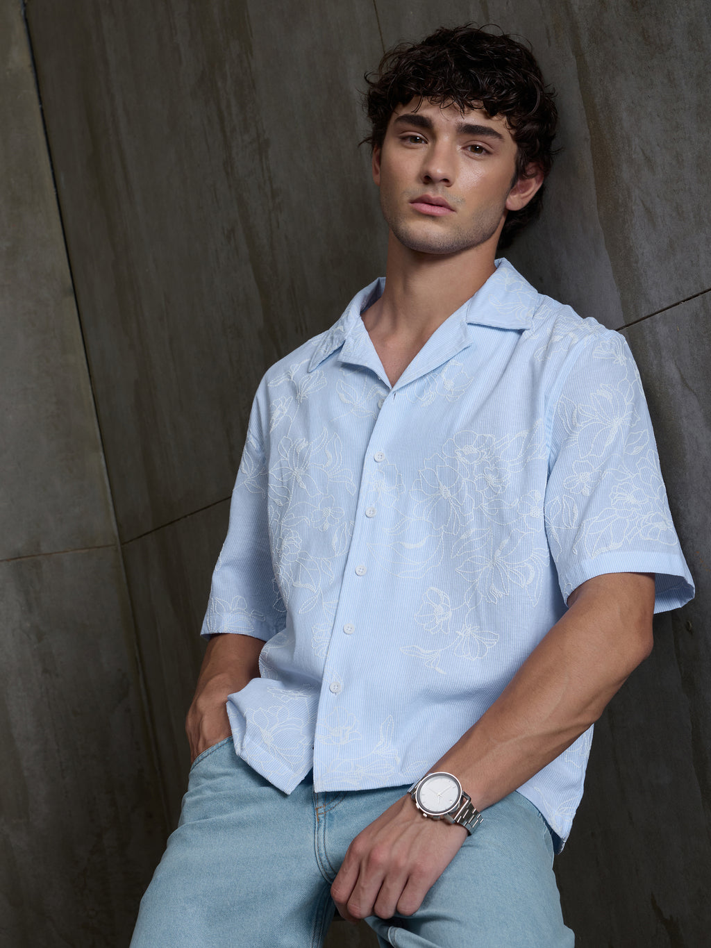 Cahoot Men's Light Blue Boxy Crop Fit Shirt With Embossed Floral Print - view 2
