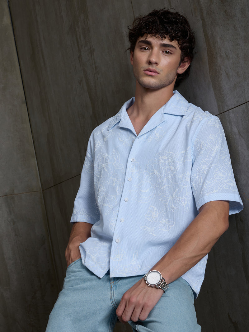 Cahoot Men's Light Blue Boxy Crop Fit Shirt With Embossed Floral Print - view 2