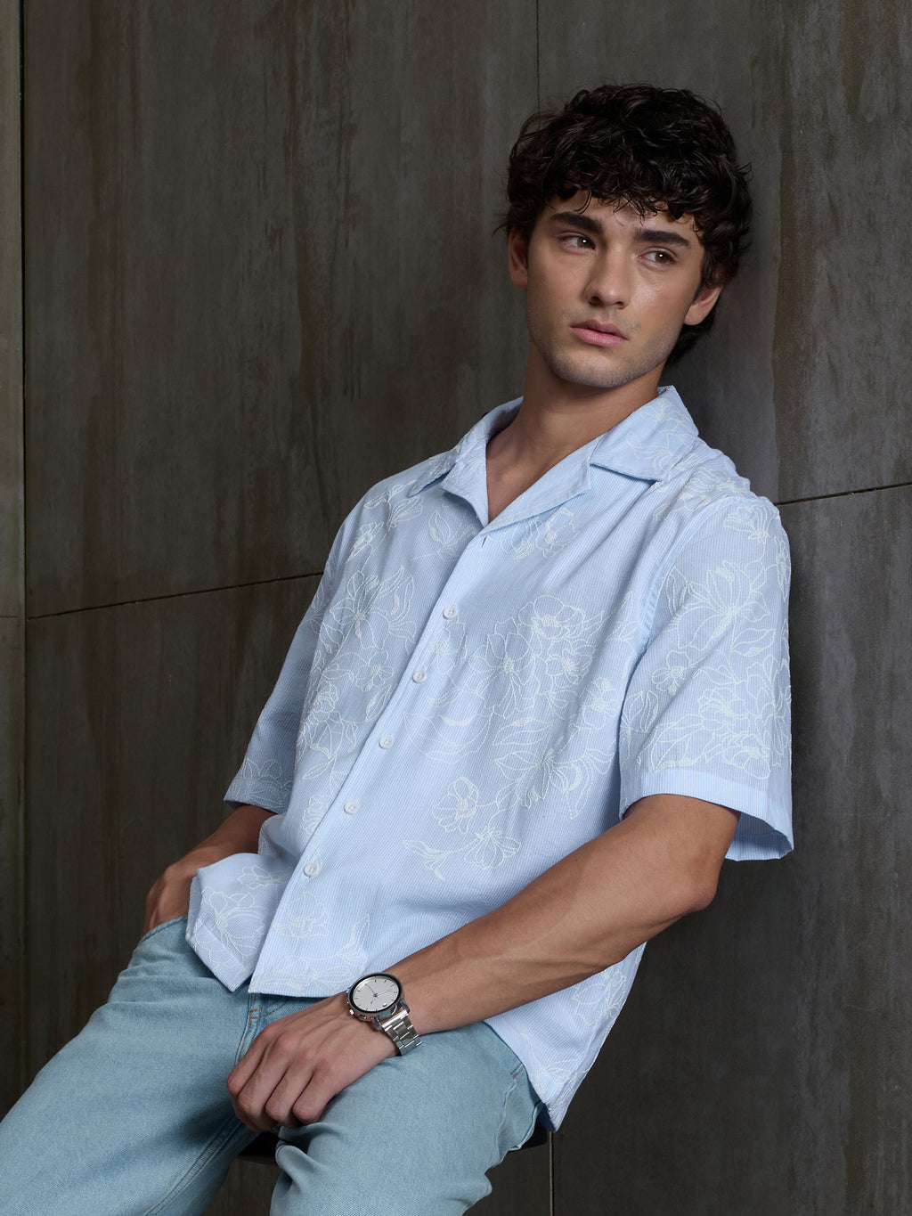 Cahoot Men's Light Blue Boxy Crop Fit Shirt With Embossed Floral Print - view 3