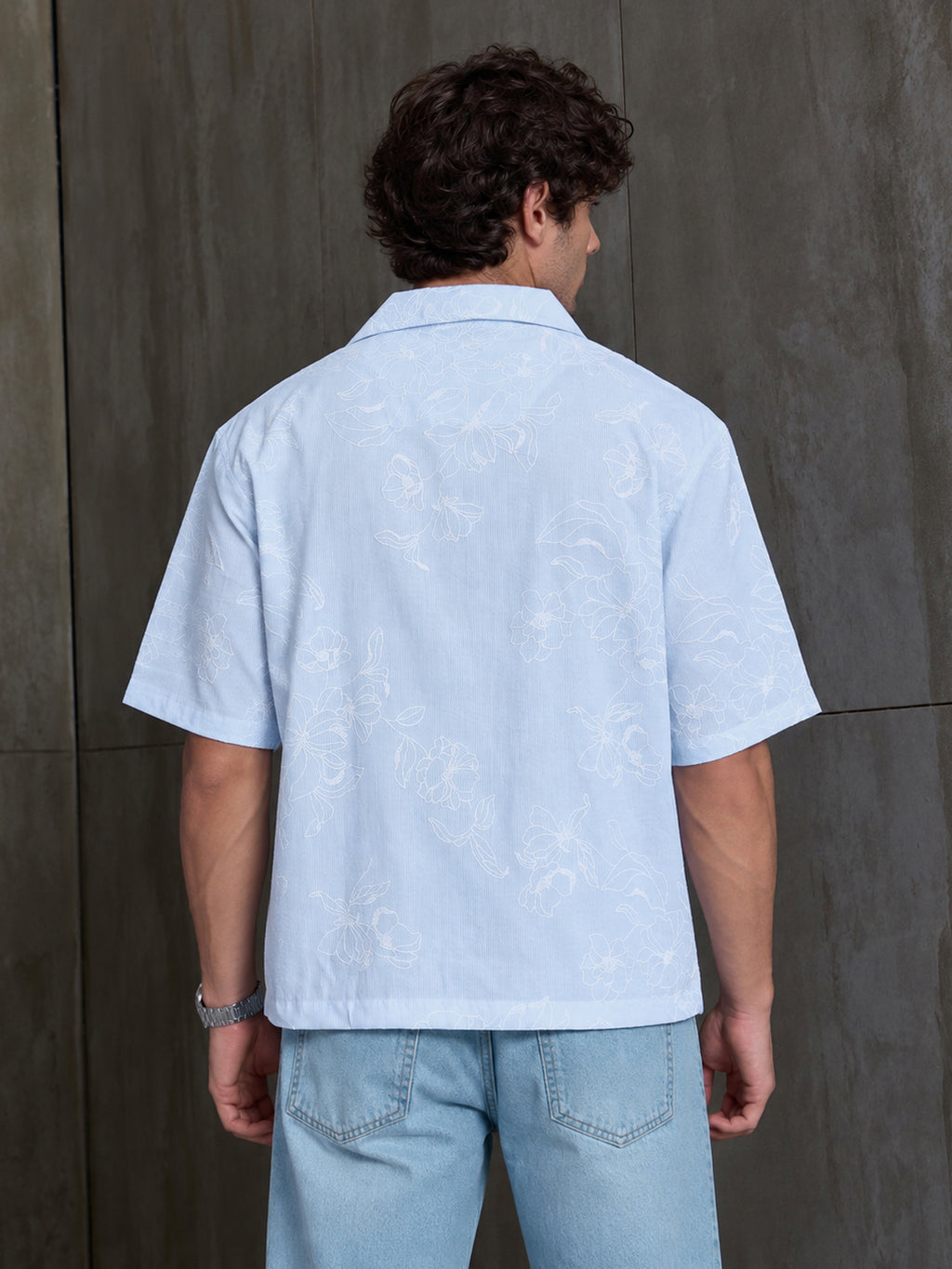 Cahoot Men's Light Blue Boxy Crop Fit Shirt With Embossed Floral Print - view 4