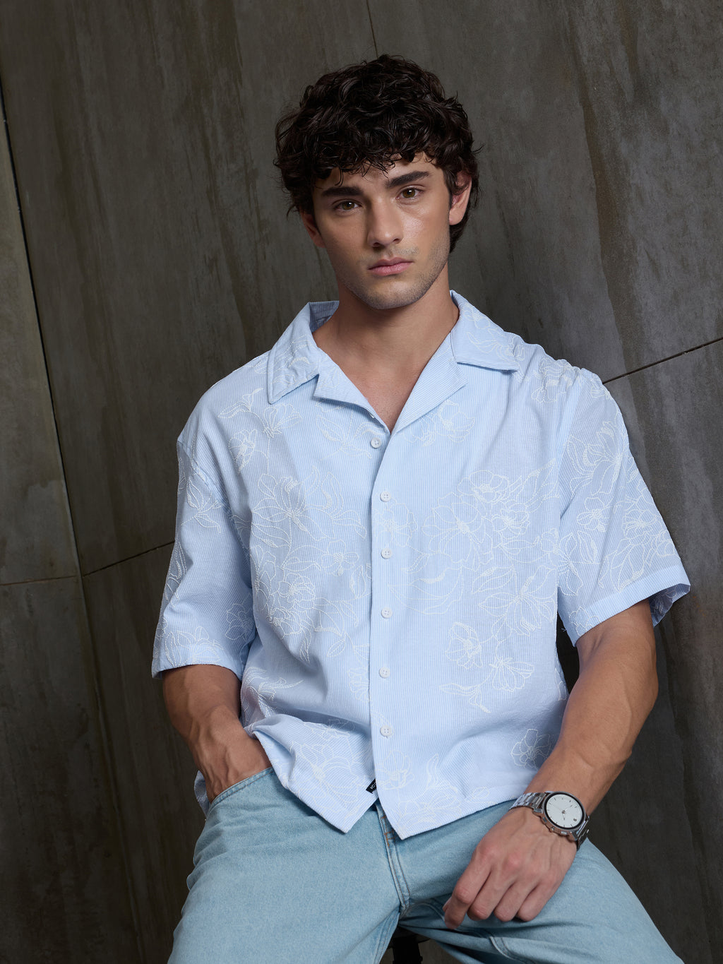 Cahoot Men's Light Blue Boxy Crop Fit Shirt With Embossed Floral Print - view 8