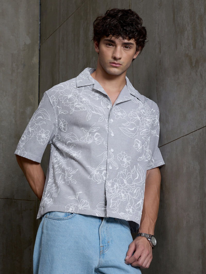 Cahoot Men's Grey Boxy Crop Fit Shirt With Embossed Floral Print - view 1