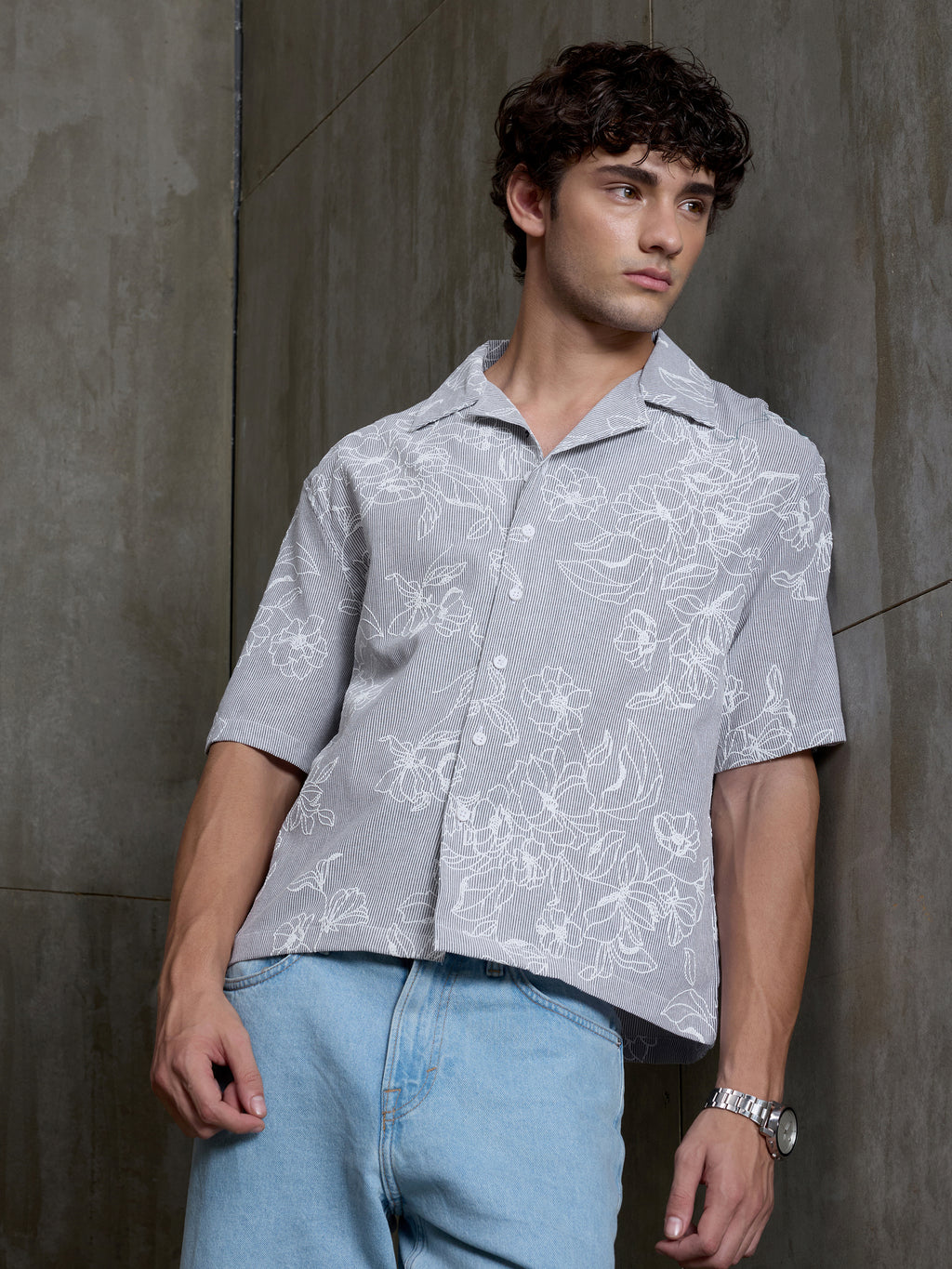 Cahoot Men's Grey Boxy Crop Fit Shirt With Embossed Floral Print - view 3