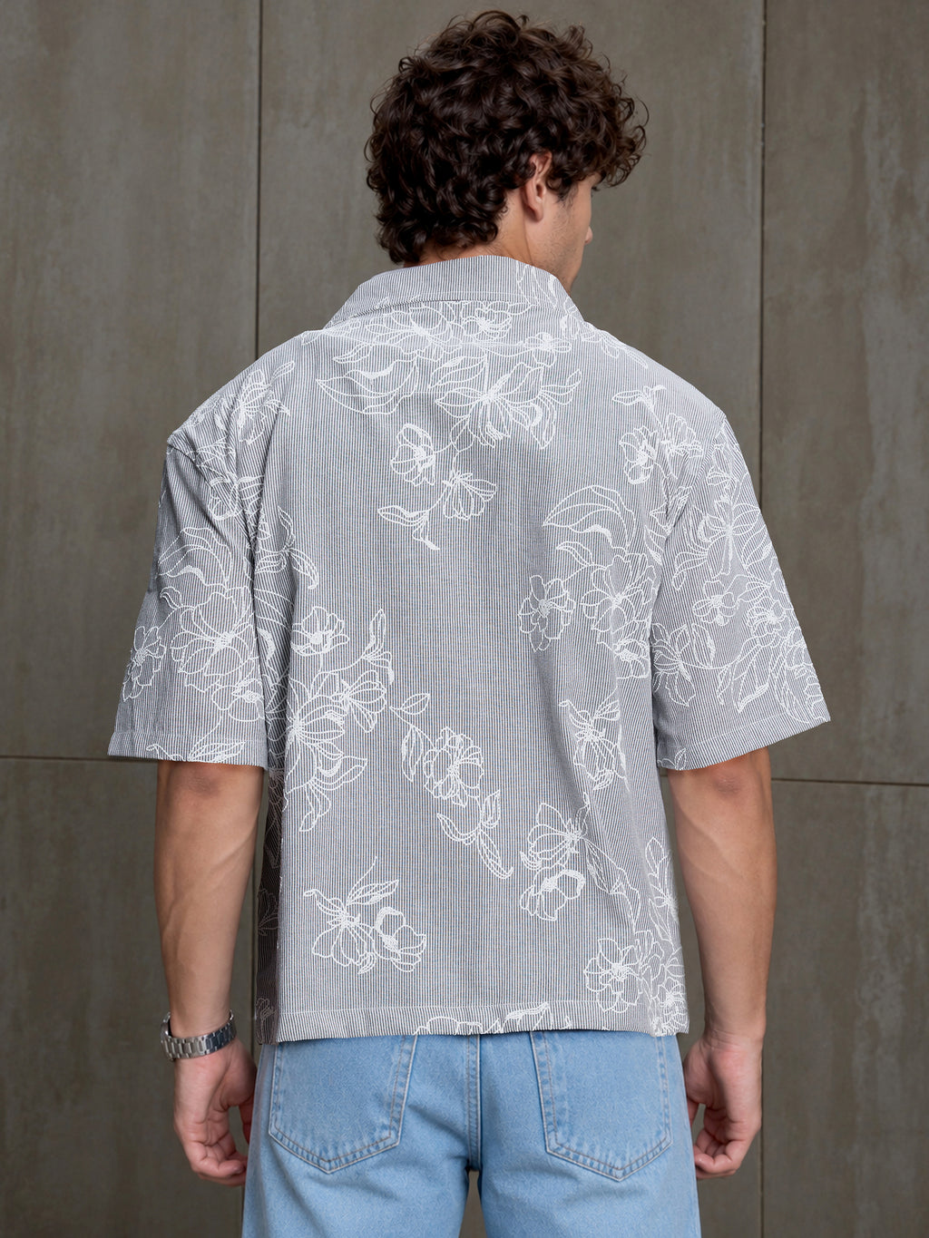 Cahoot Men's Grey Boxy Crop Fit Shirt With Embossed Floral Print - view 4