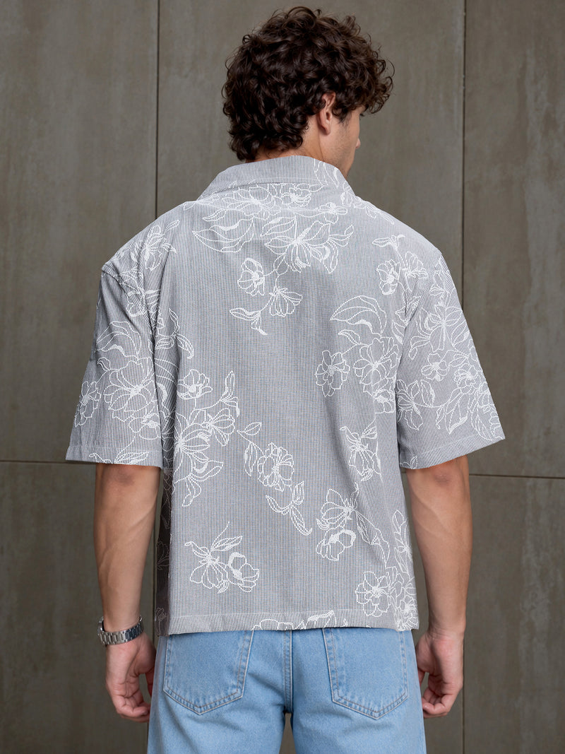 Cahoot Men's Grey Boxy Crop Fit Shirt With Embossed Floral Print - view 4