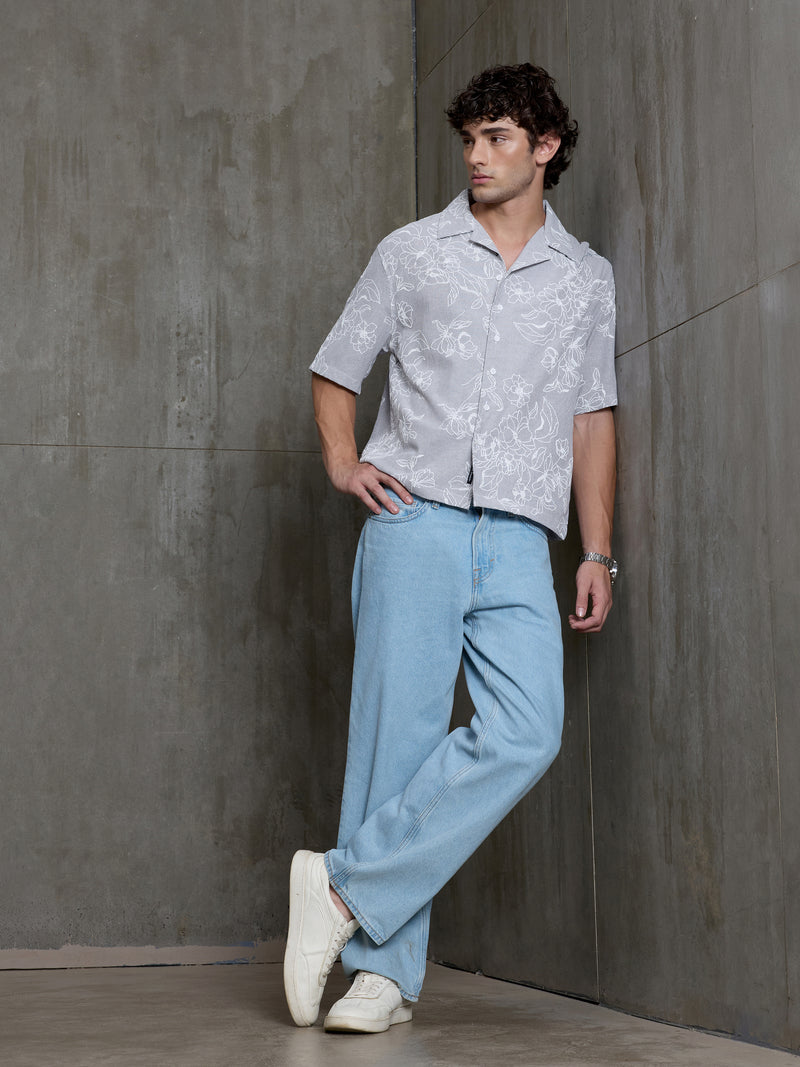 Cahoot Men's Grey Boxy Crop Fit Shirt With Embossed Floral Print - view 5