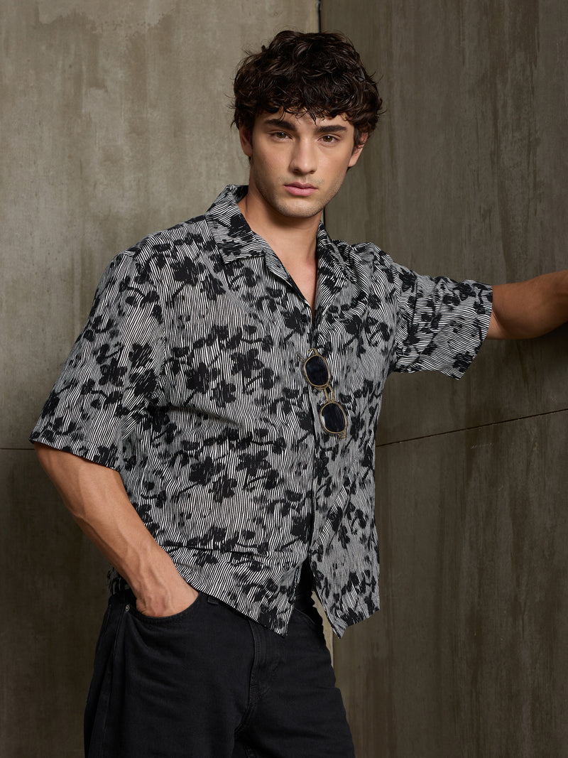 Cahoot Men's Black & White Boxy Crop Fit Shirt With Floral Print - view 2
