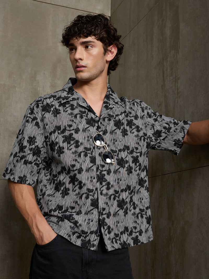 Cahoot Men's Black & White Boxy Crop Fit Shirt With Floral Print - view 3