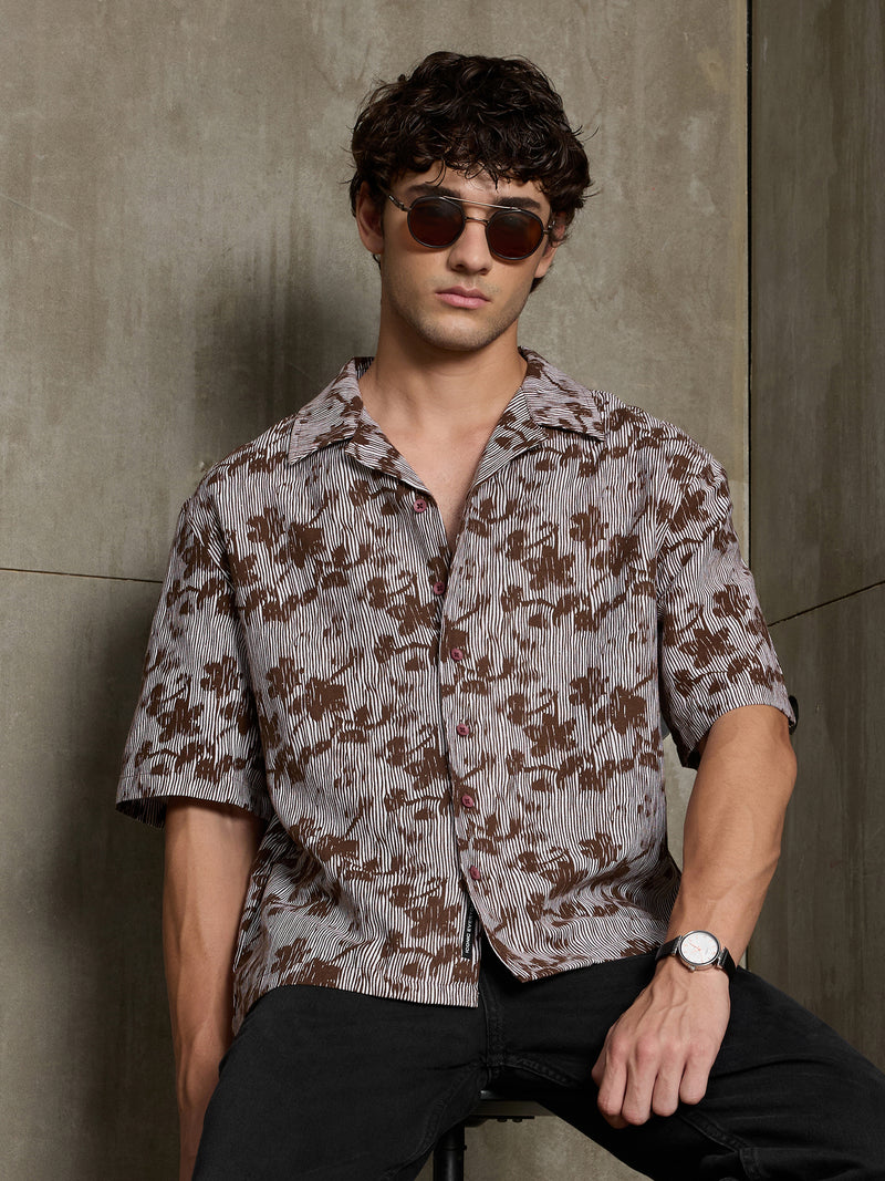 Cahoot Men's Brown & White Boxy Crop Fit Shirt With Floral Print - view 1