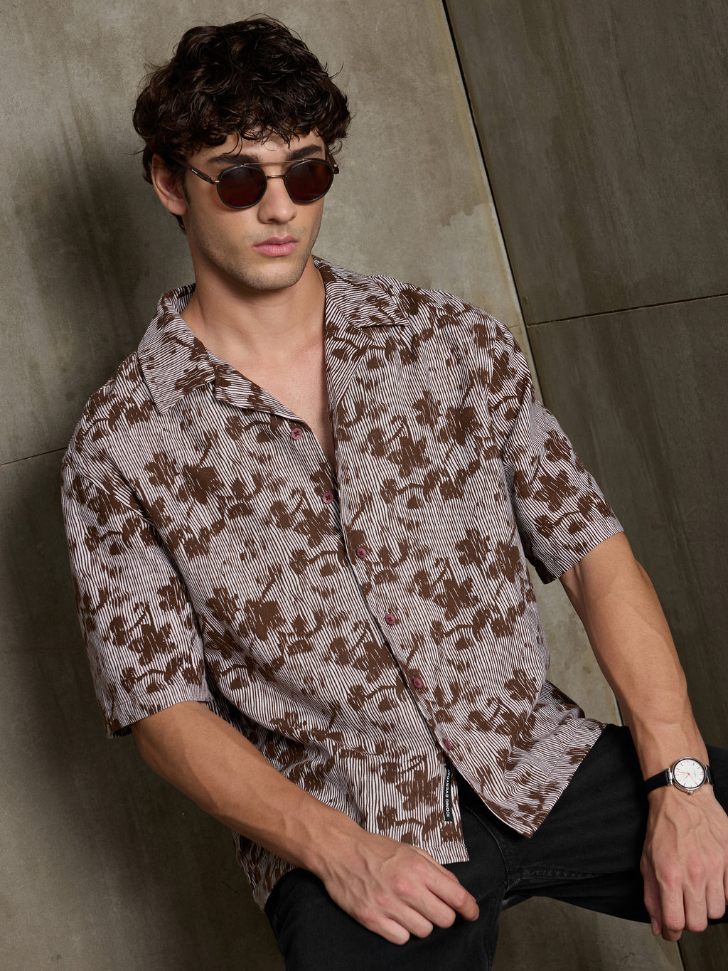 Cahoot Men's Brown & White Boxy Crop Fit Shirt With Floral Print - view 2