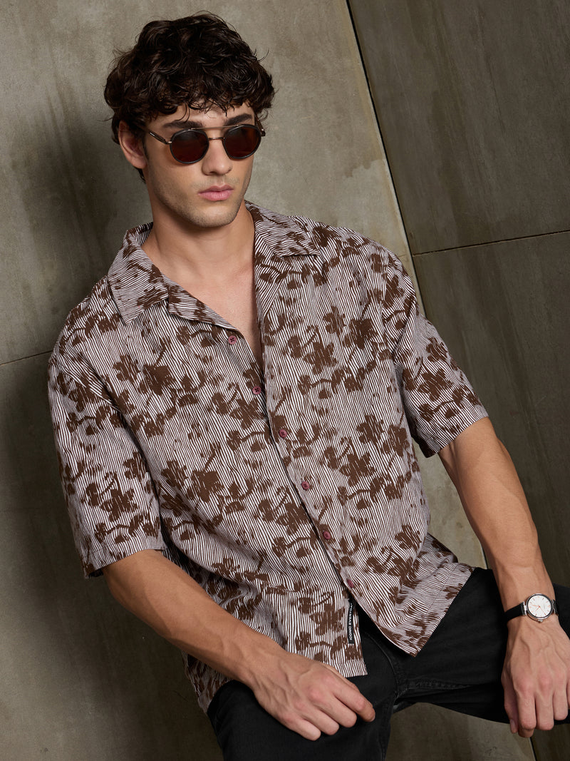 Cahoot Men's Brown & White Boxy Crop Fit Shirt With Floral Print - view 2