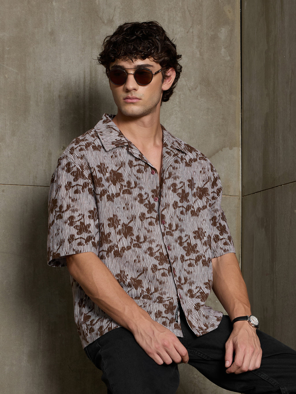 Cahoot Men's Brown & White Boxy Crop Fit Shirt With Floral Print - view 3