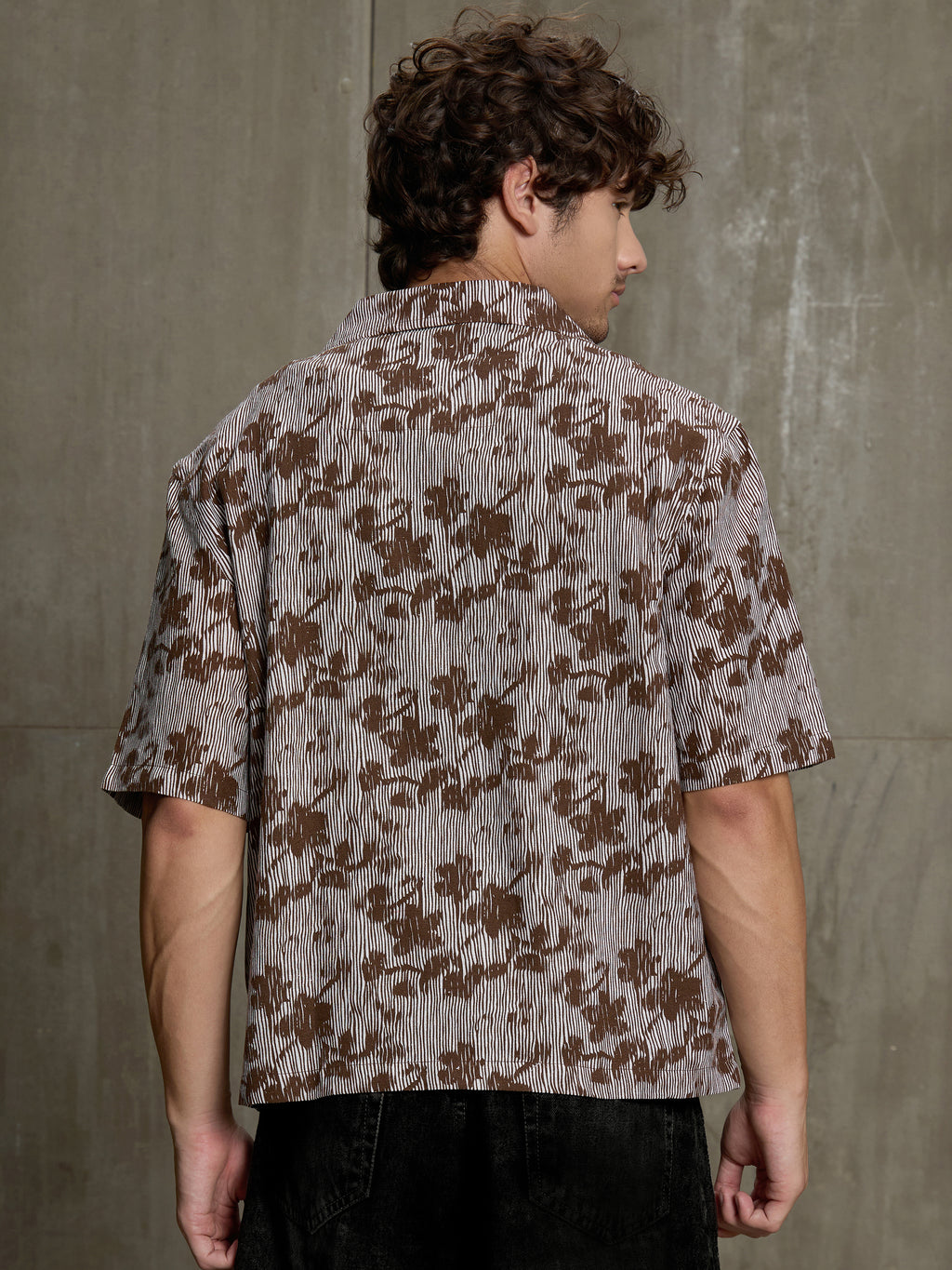 Cahoot Men's Brown & White Boxy Crop Fit Shirt With Floral Print - view 4
