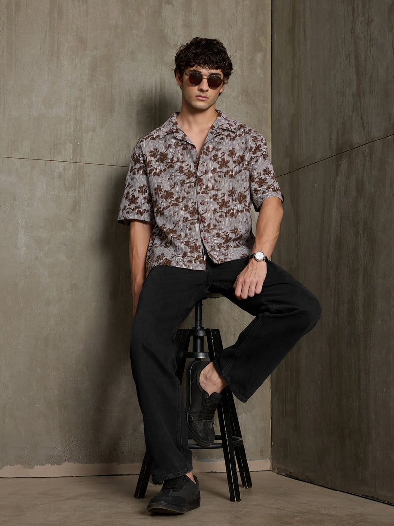 Cahoot Men's Brown & White Boxy Crop Fit Shirt With Floral Print - view 5