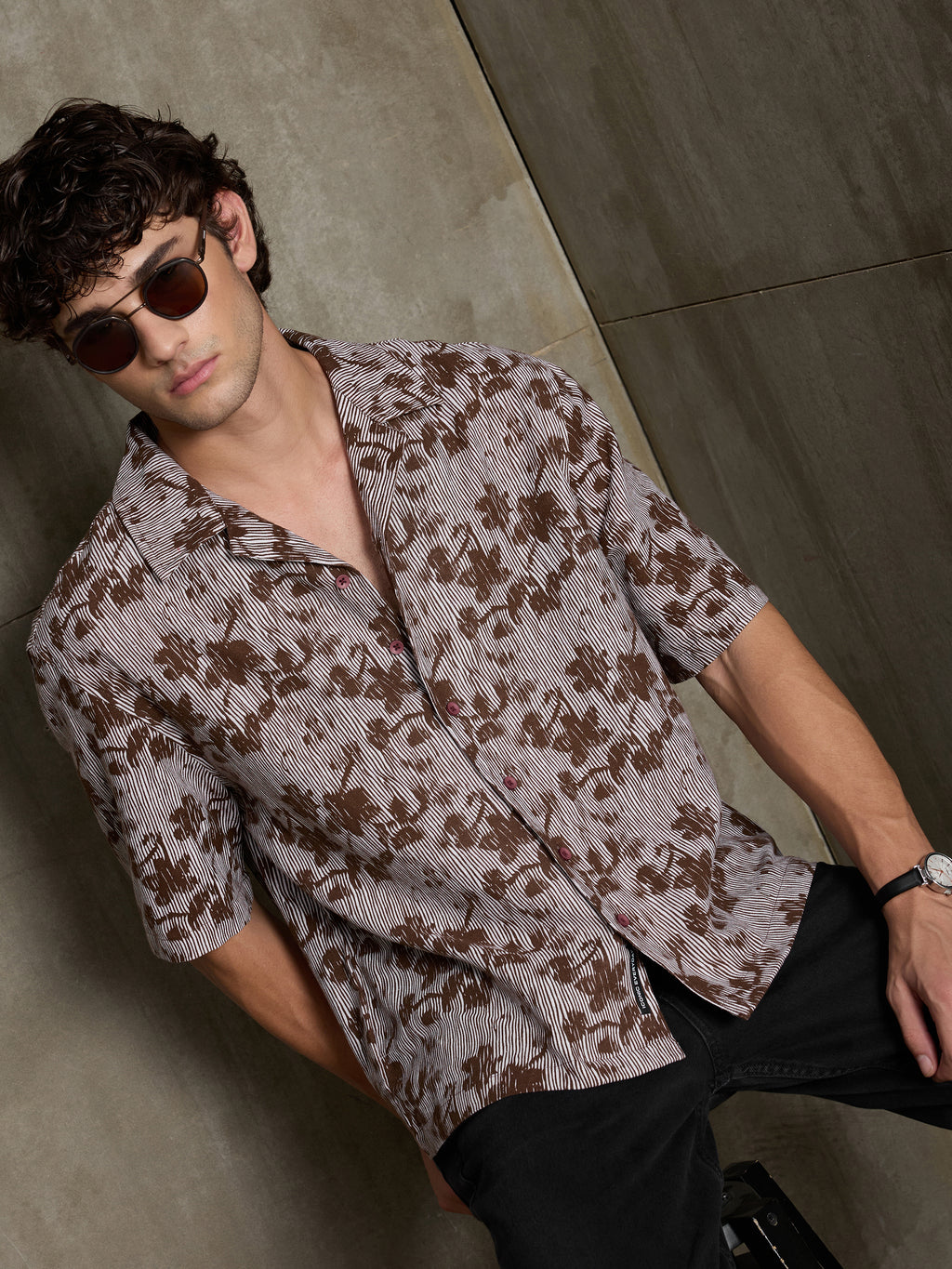 Cahoot Men's Brown & White Boxy Crop Fit Shirt With Floral Print - view 7
