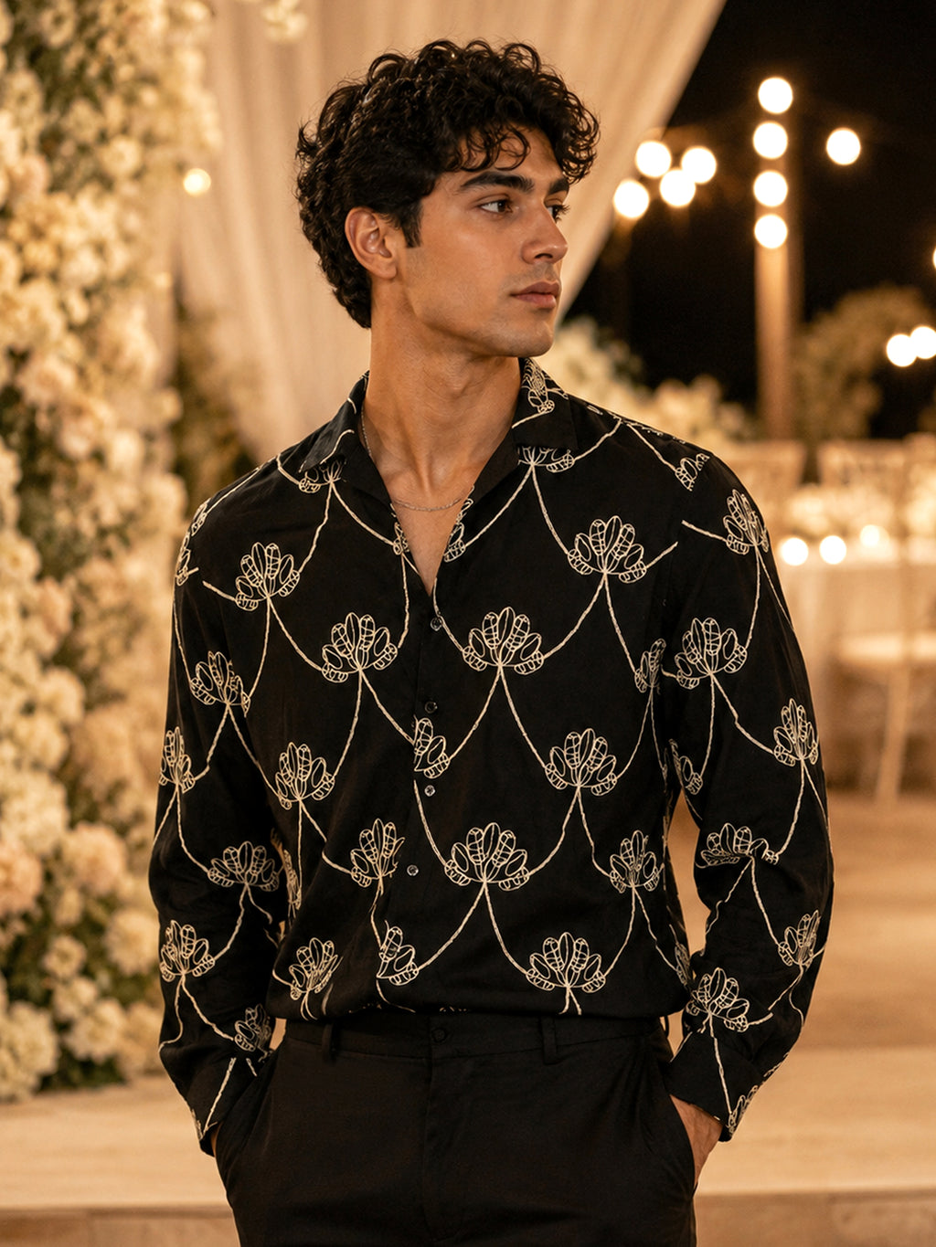 CAHOOT Men's Black Botanical Embroidered Oversized Fit Shirt - view 1