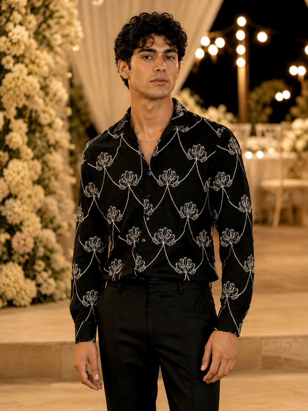 CAHOOT Men's Black Botanical Embroidered Oversized Fit Shirt - view 2