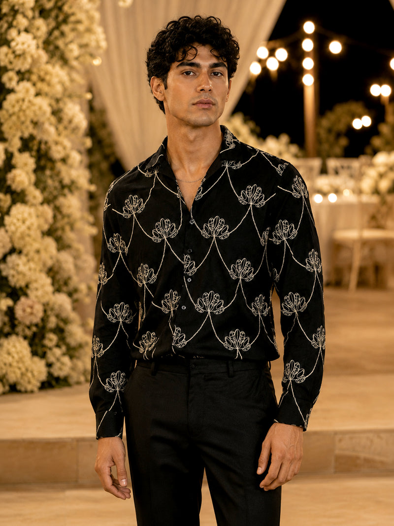 CAHOOT Men's Black Botanical Embroidered Oversized Fit Shirt - view 2