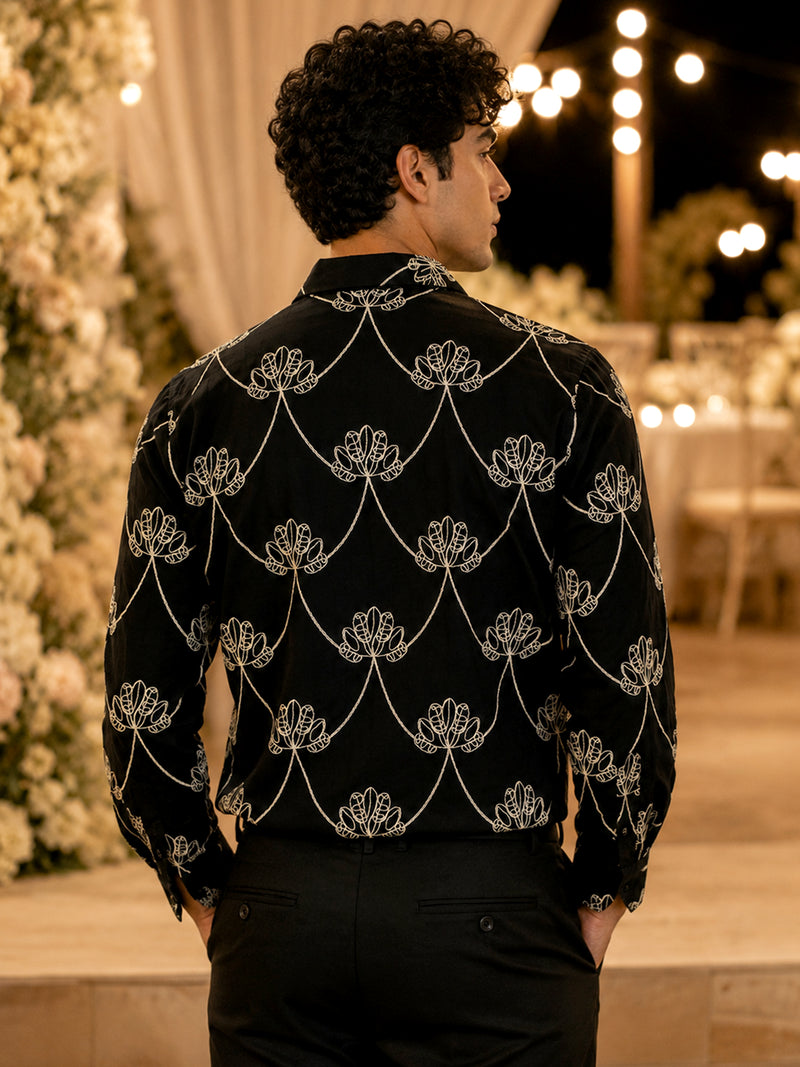 CAHOOT Men's Black Botanical Embroidered Oversized Fit Shirt - view 3