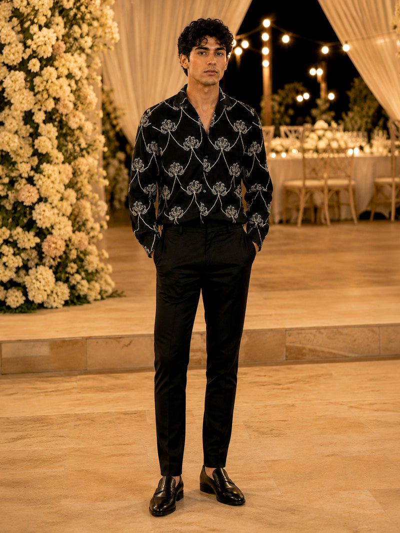 CAHOOT Men's Black Botanical Embroidered Oversized Fit Shirt - view 4