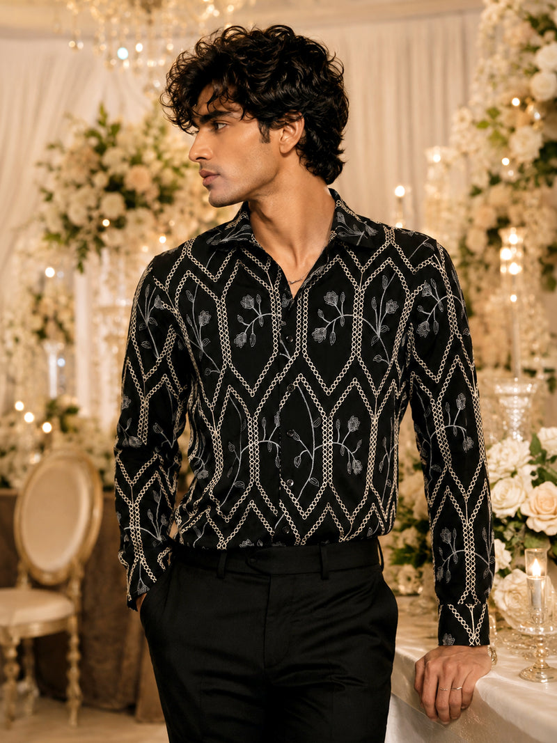 CAHOOT Men's Black Geometric Embroidered Oversized Fit Shirt - view 1