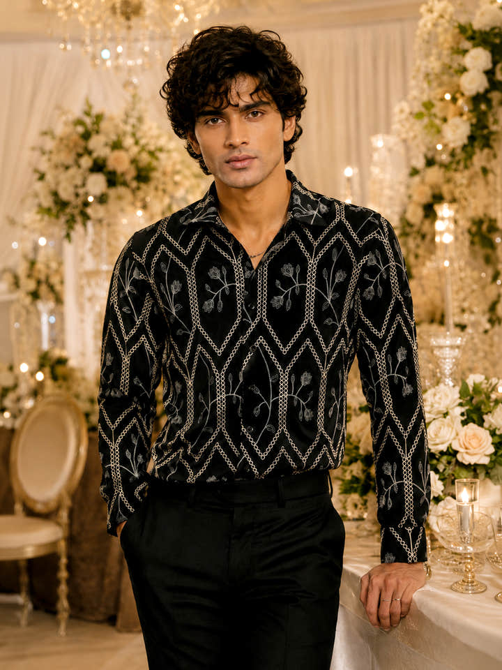 CAHOOT Men's Black Geometric Embroidered Oversized Fit Shirt - view 2