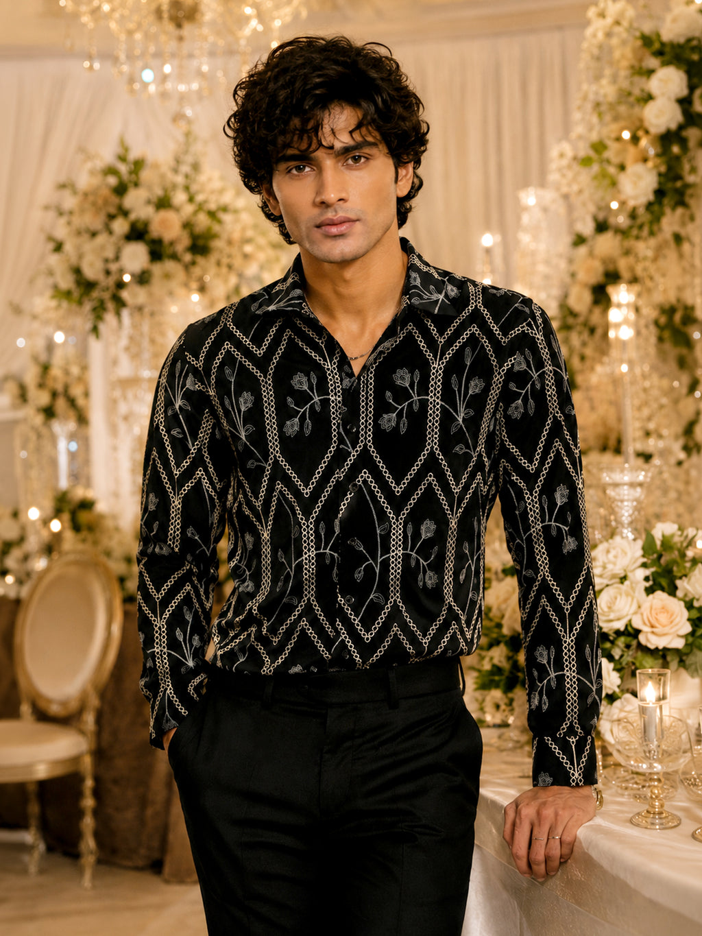 CAHOOT Men's Black Geometric Embroidered Oversized Fit Shirt - view 2