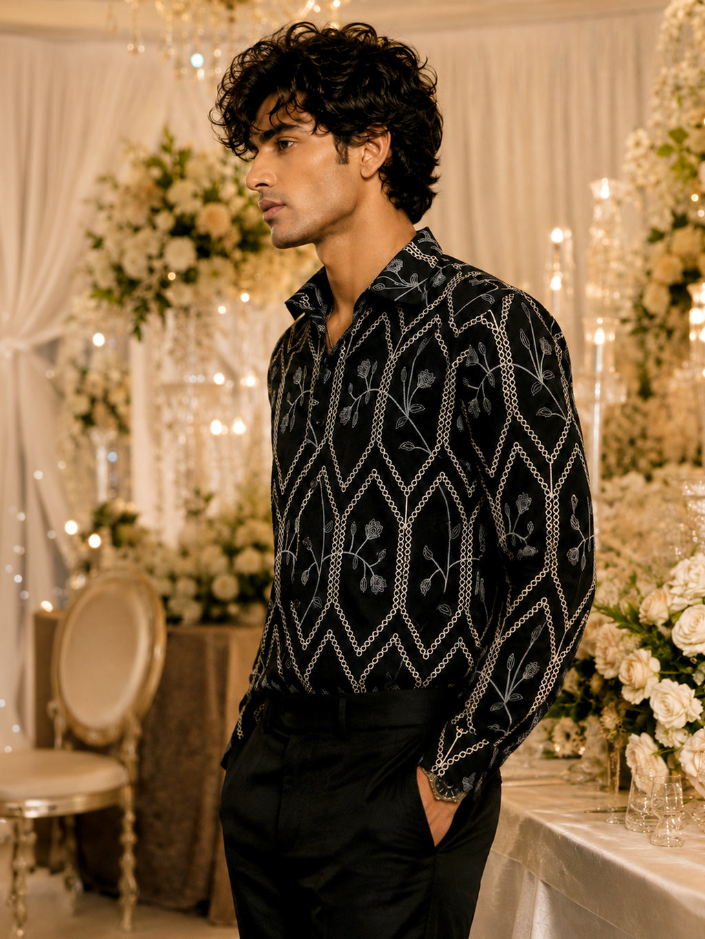 CAHOOT Men's Black Geometric Embroidered Oversized Fit Shirt - view 3