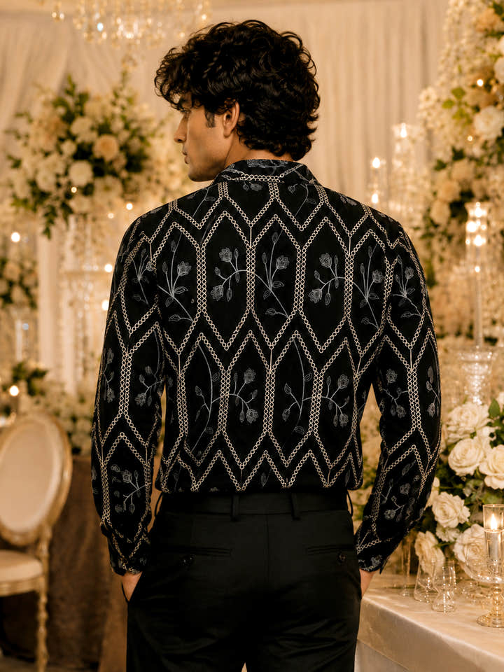 CAHOOT Men's Black Geometric Embroidered Oversized Fit Shirt - view 4