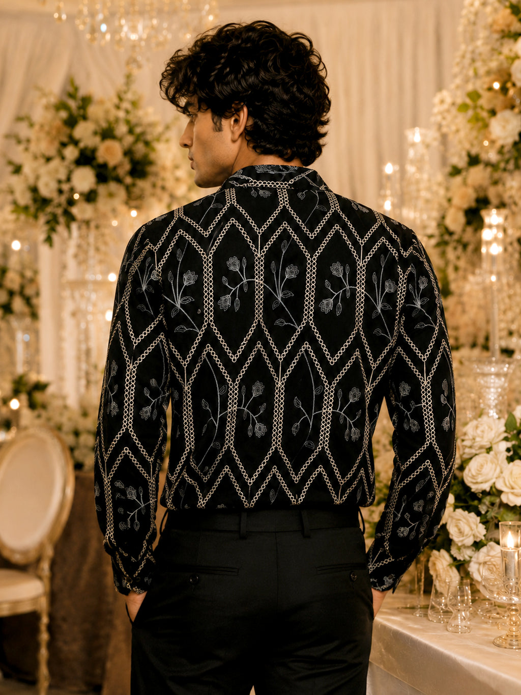 CAHOOT Men's Black Geometric Embroidered Oversized Fit Shirt - view 4
