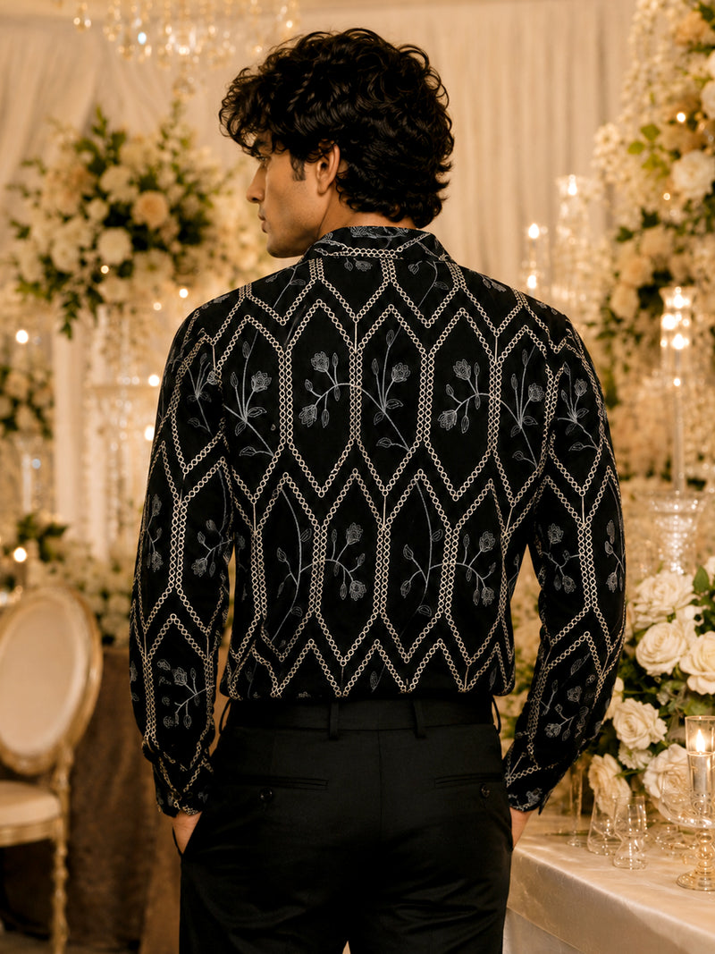 CAHOOT Men's Black Geometric Embroidered Oversized Fit Shirt - view 4