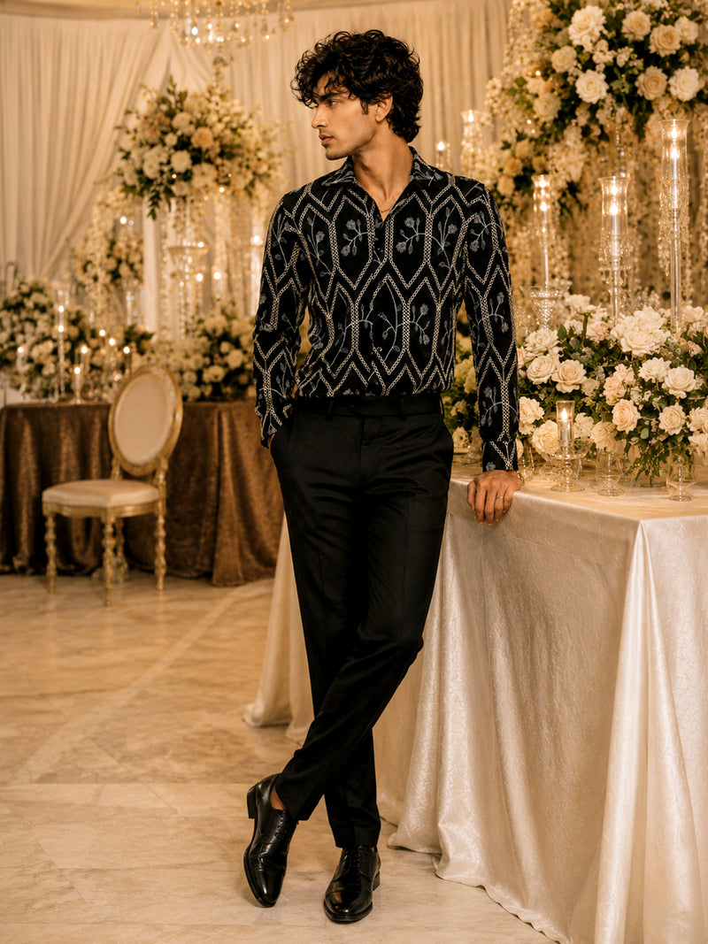CAHOOT Men's Black Geometric Embroidered Oversized Fit Shirt - view 5